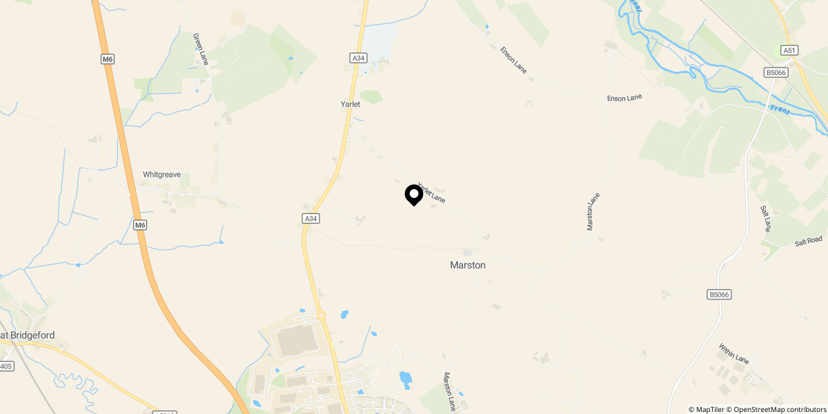 Approximate location of Yarlet Lane, Marston, Stafford, ST18 9ST